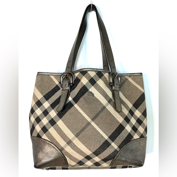Burberry Check Byron Tote Bag Silver Metallic Shimmer Plaid Large - Picture 1 of 14